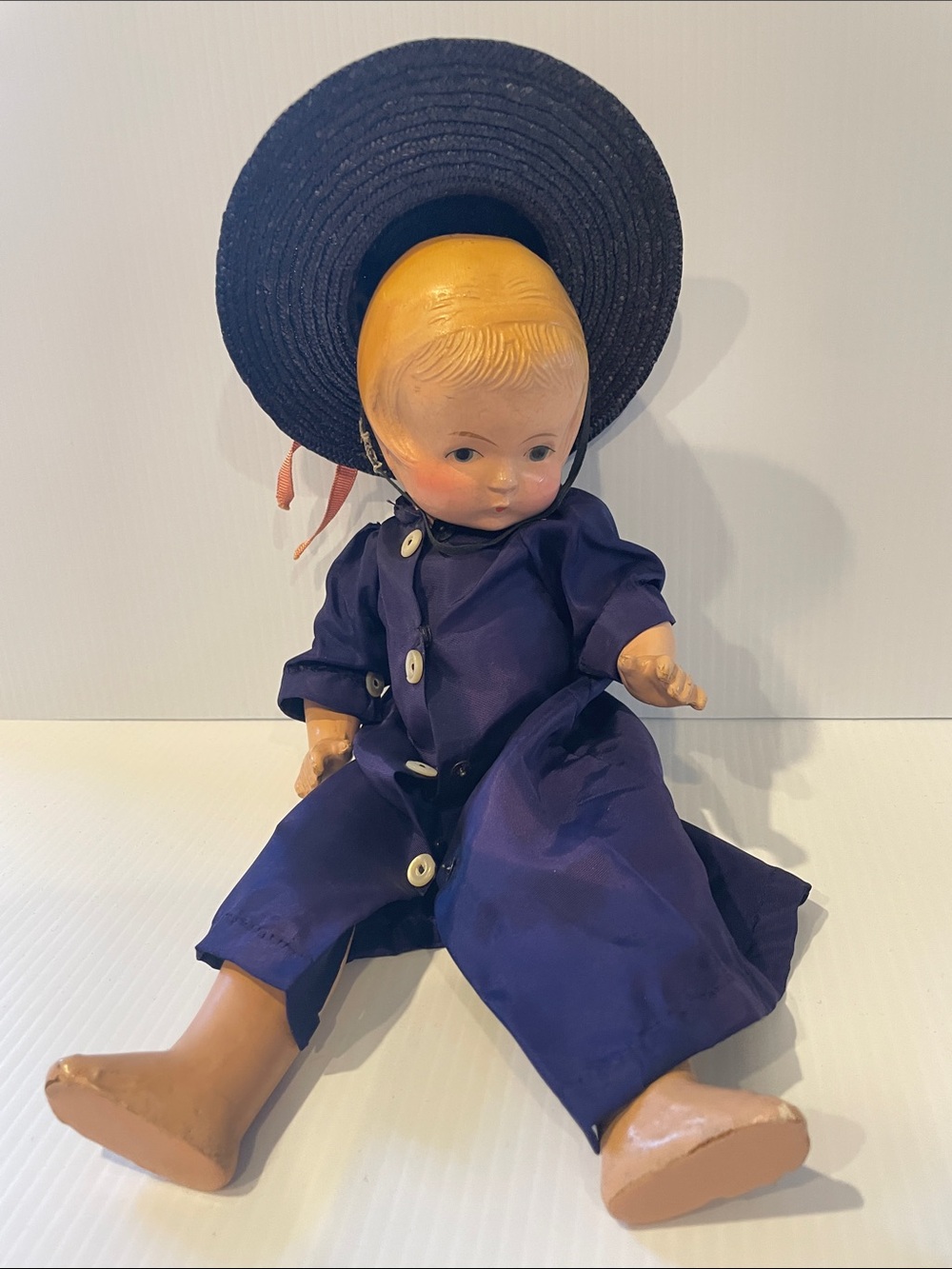 Vintage Kids Doll in Navy Outfit and Straw Hat